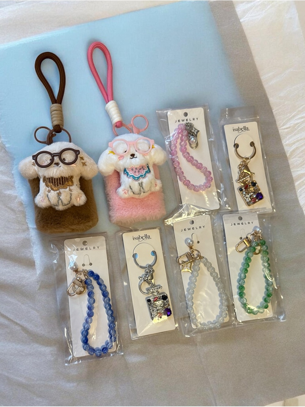 Plush Puppy Bag Charms mirrors with Beaded glass Keychains nwt